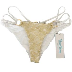Beach Bunny Gunpowder Gold & Lace Ring Detail White Bikini Bottom Swimsuit NEW L
